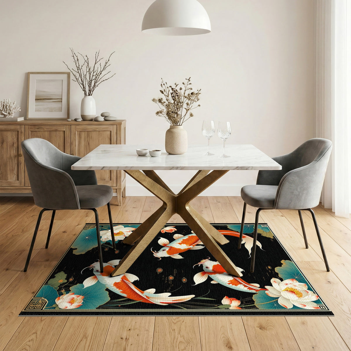 Multi-color and Patterns Koi Fish Lotus Black Area Rug