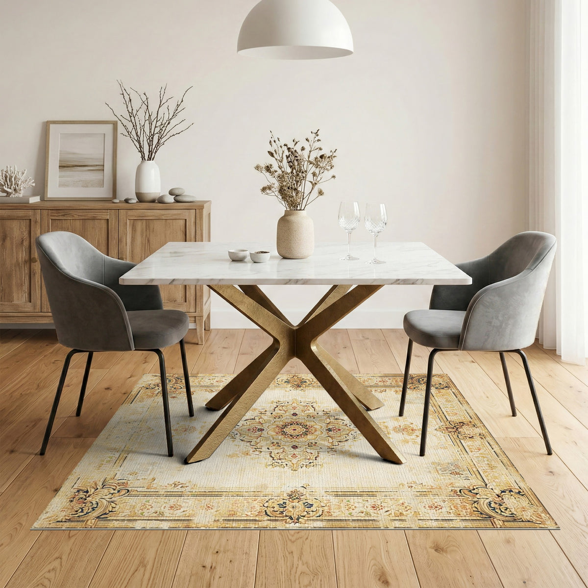 Beige and Neutral Distressed Beige Persian Medallion Area Rug