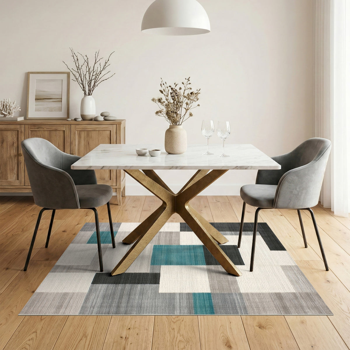 Modern Teal Geometric Area Rug Black Grey