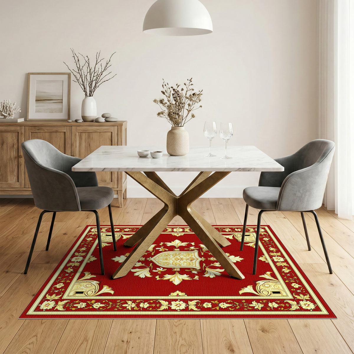 Red Gold Ornate Floral Medallion Rug