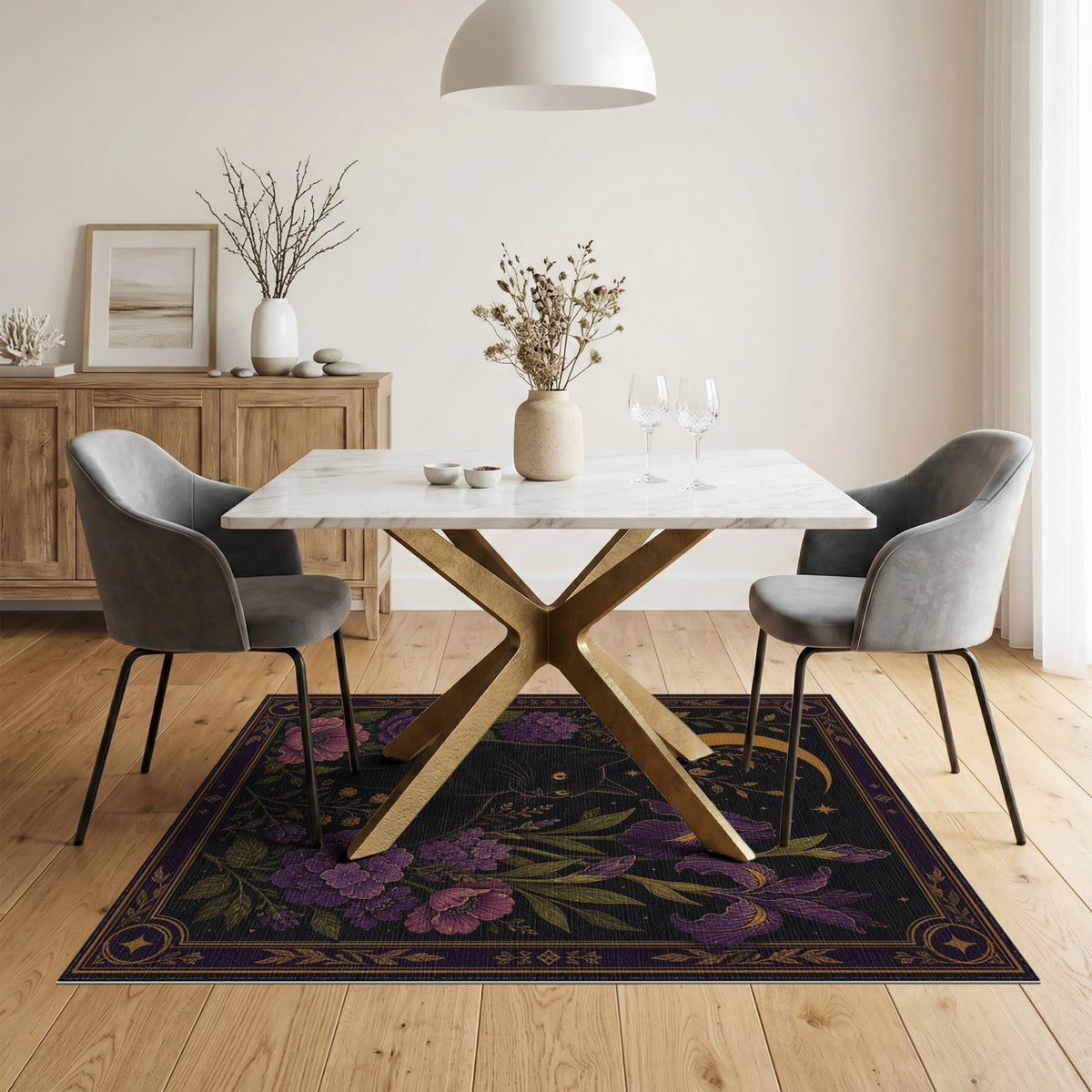 Mystical Black Cat Purple Floral Moon Area Rug