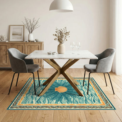 Blue and Teal Coastal Seashell Wave Area Rug