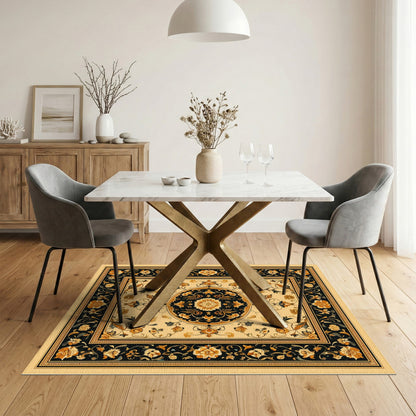 Black and Gold Persian Floral Medallion Rug