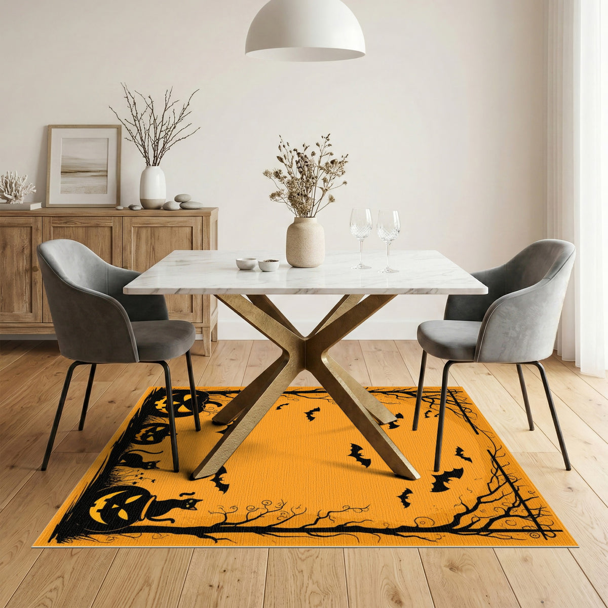 Spooky Orange Halloween Pumpkins Bats Area Rug