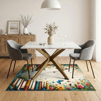 Vintage Floral Books Butterfly Area Rug