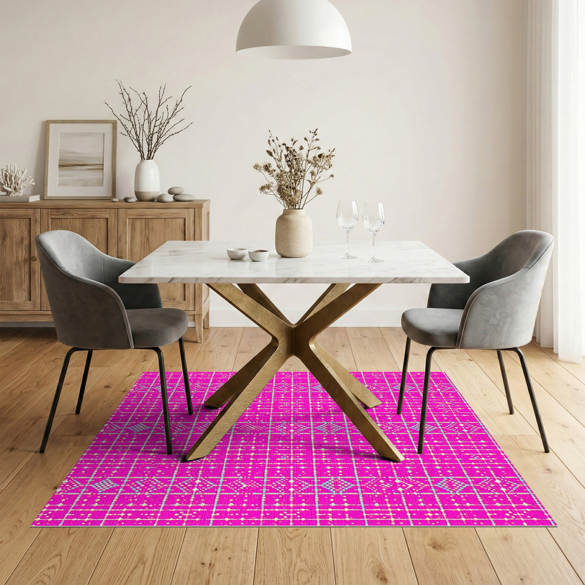 Vibrant Pink Geometric Grid Pink Area Rug