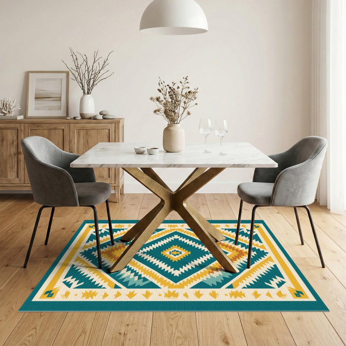 Blue and Teal Diamond Heritage Tribal Area Rug
