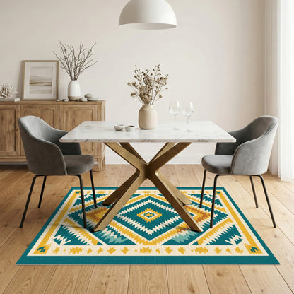 Blue and Teal Diamond Heritage Tribal Area Rug