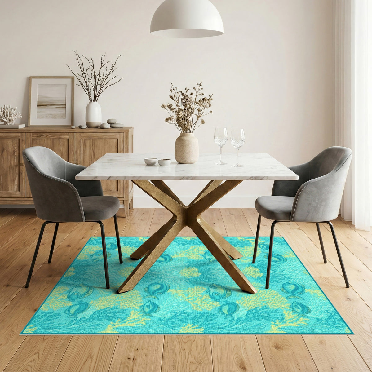 Blue Teal Fish Coral Coastal Beach Area Rug