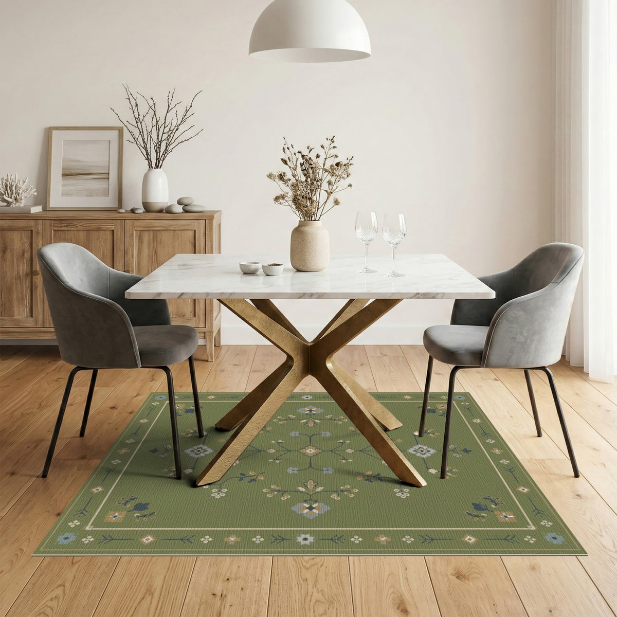 Green Floral Vintage Area Rug
