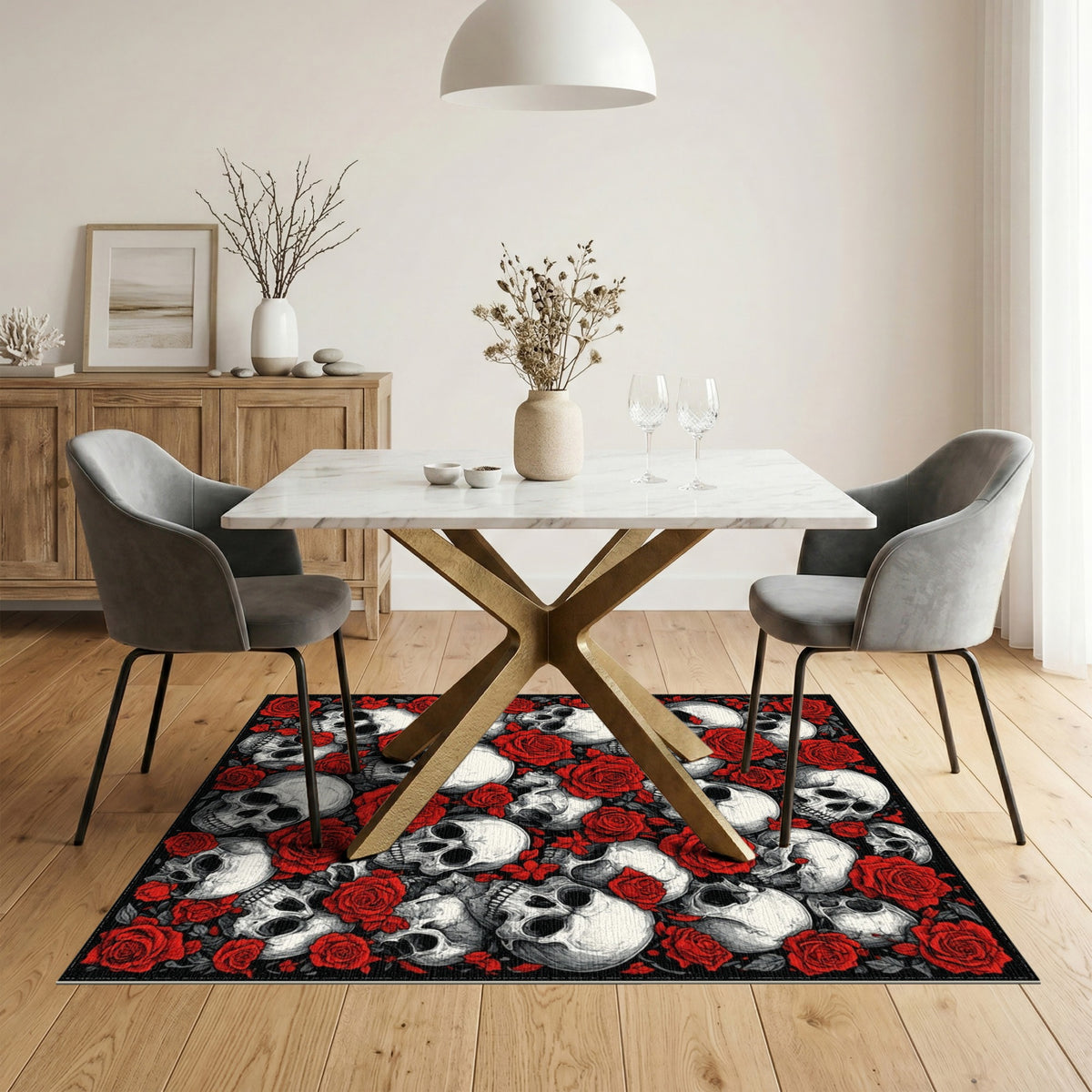 Skull and Red Rose Black Area Rug