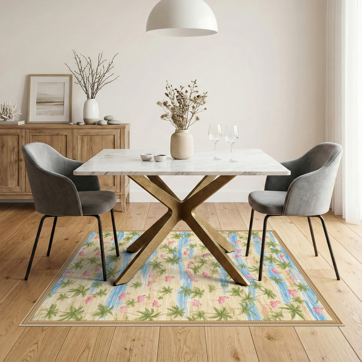 Pink Flamingo Coastal Beach Area Rug