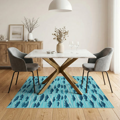 Blue Teal Fish Wave Coastal Area Rug