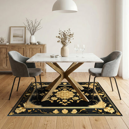Black and Gold Floral Medallion Rug