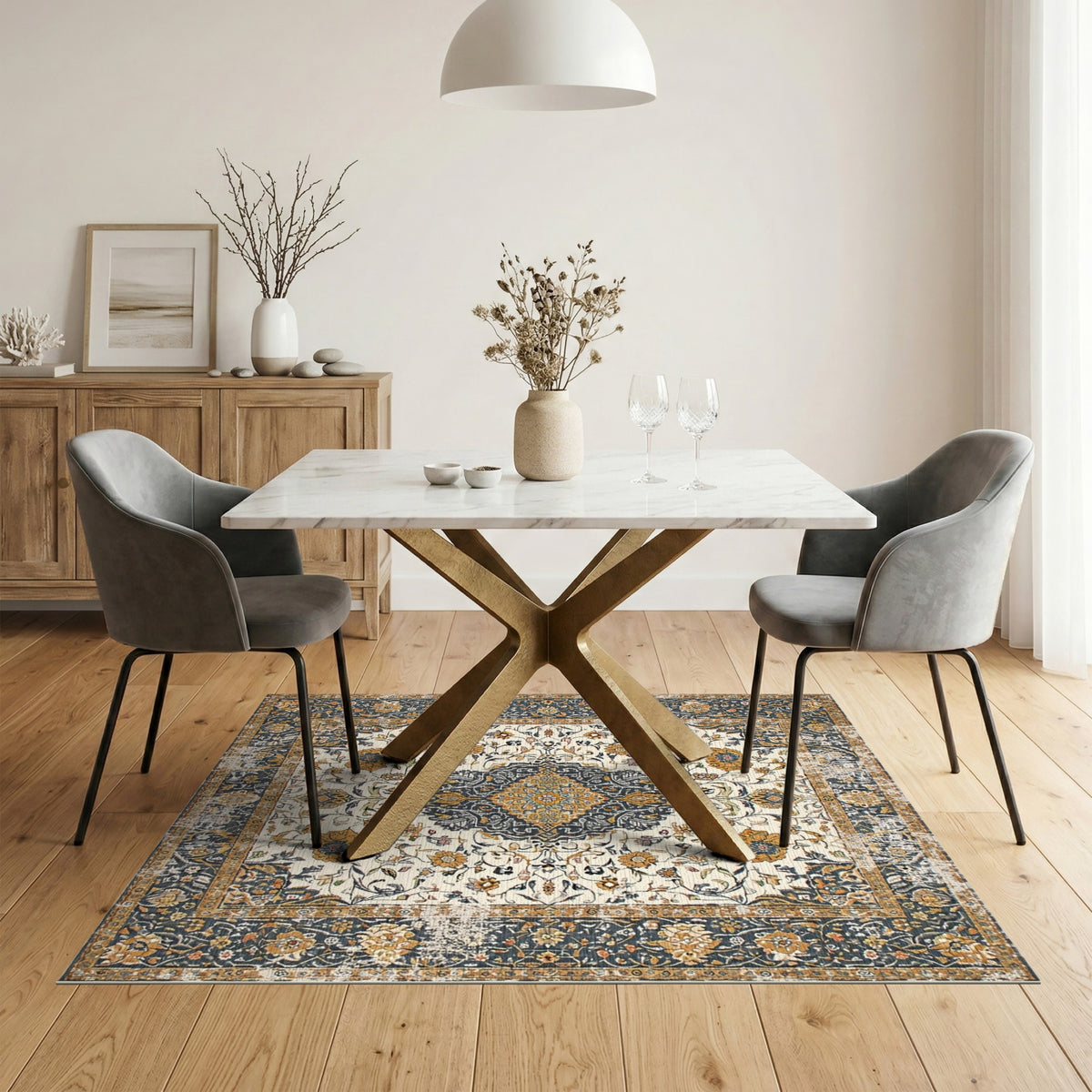 ODIKA Navy Persian Floral Medallion Area Rug