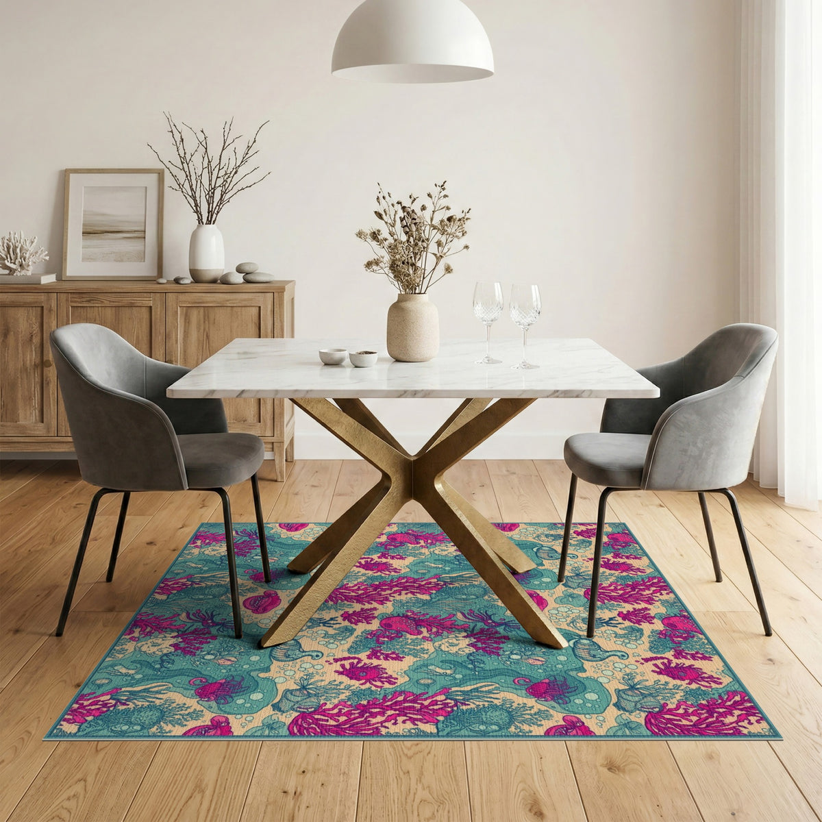Pink Coral Teal Ocean Life Washable Area Rug