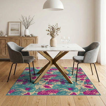 Pink Coral Teal Ocean Life Washable Area Rug