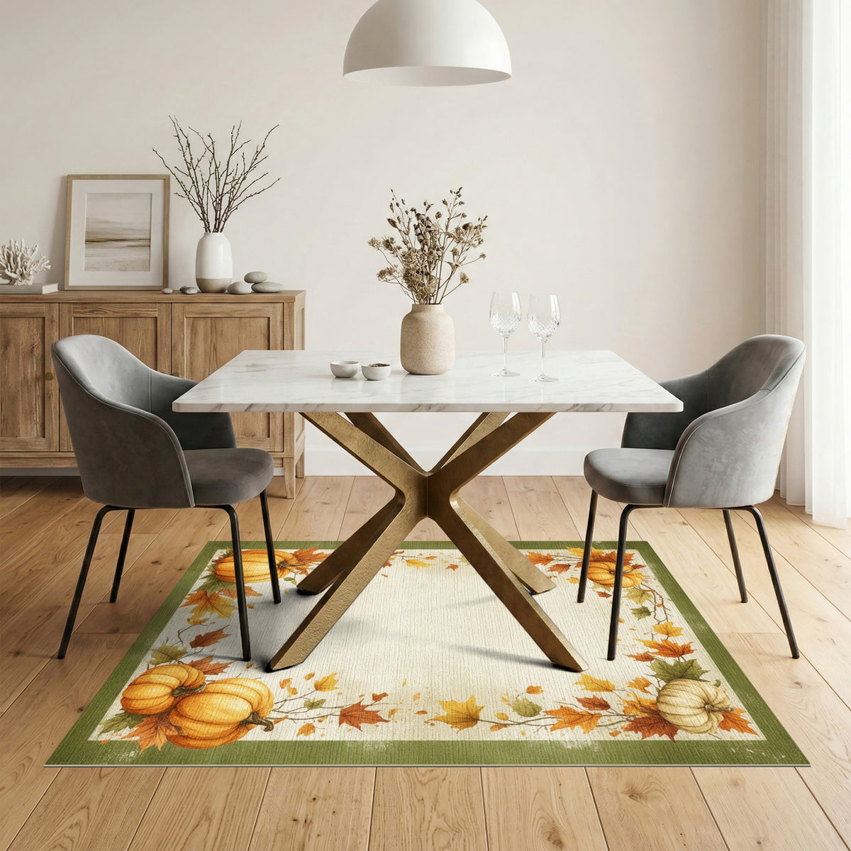 Brown and Tan Autumn Pumpkin Harvest Border Area Rug