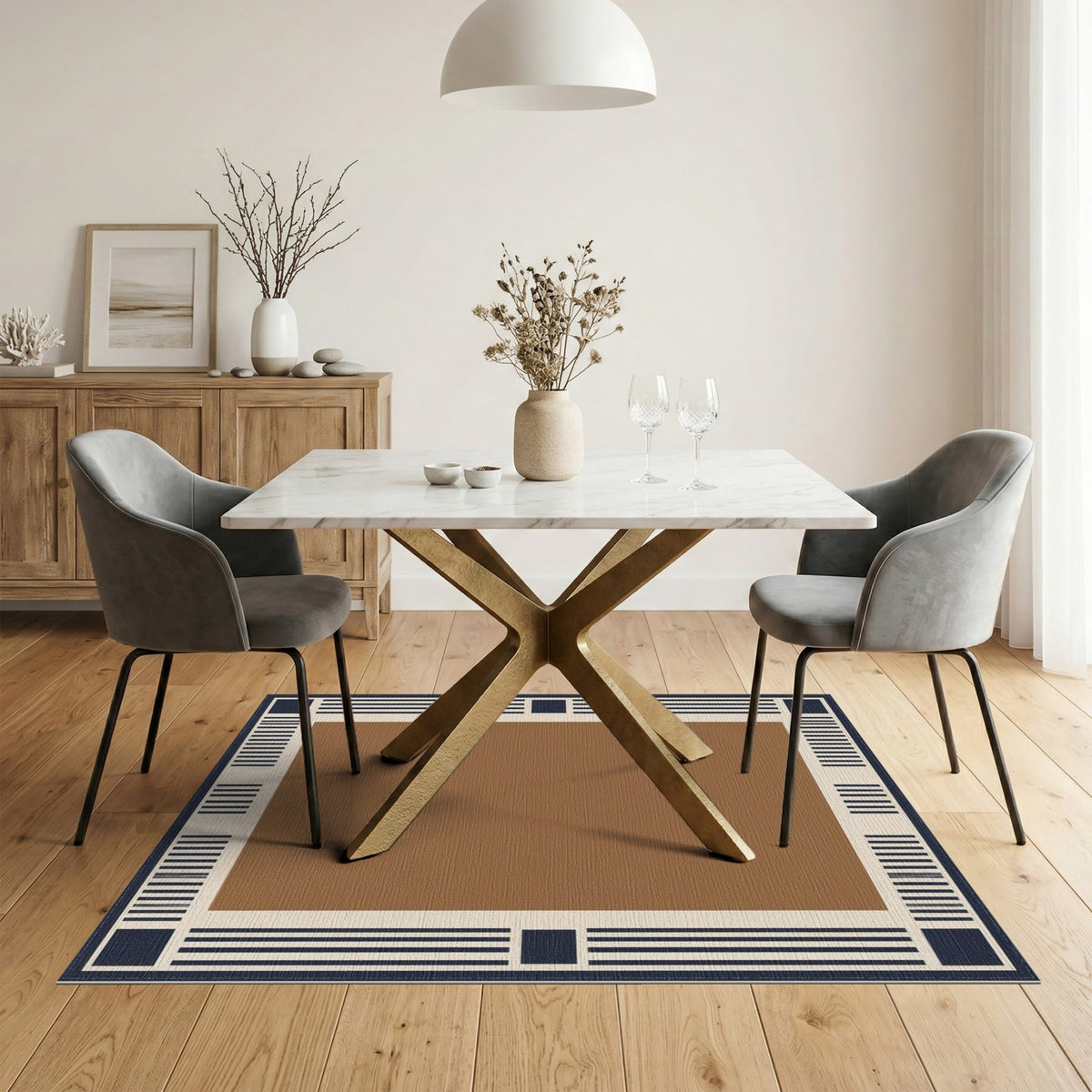 Geometric Brown Navy Border Area Rug