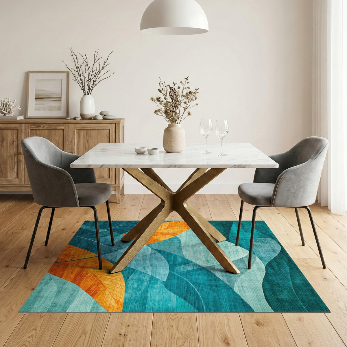Teal Blue Abstract Leaf Area Rug