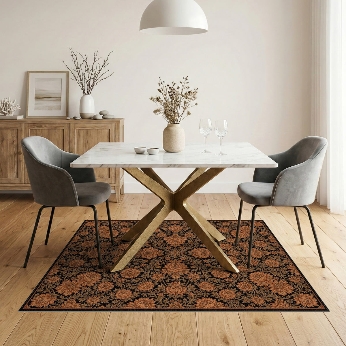 Vintage Orange Floral Area Rug on Black