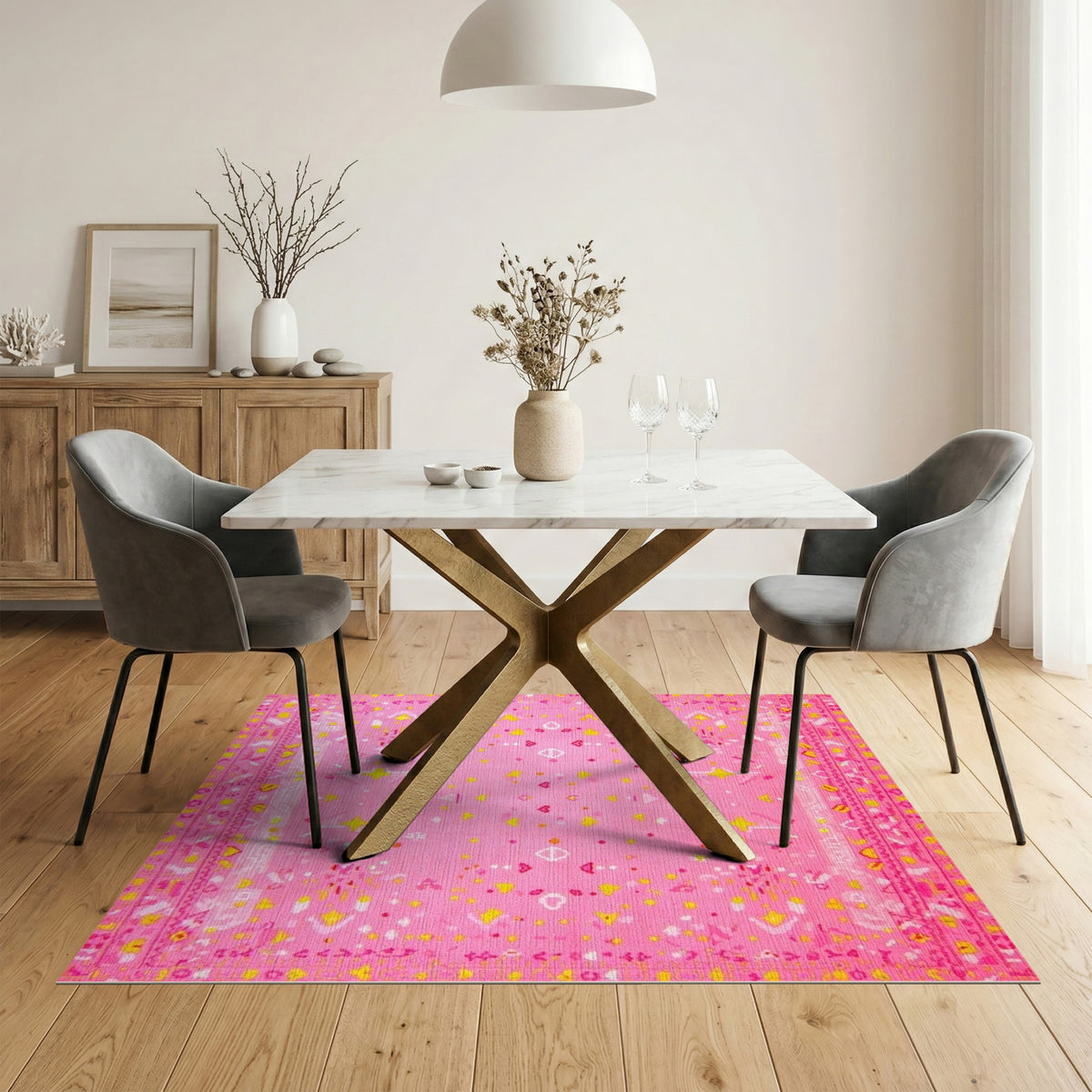 Pink Kids Area Rug with Hearts and Stars