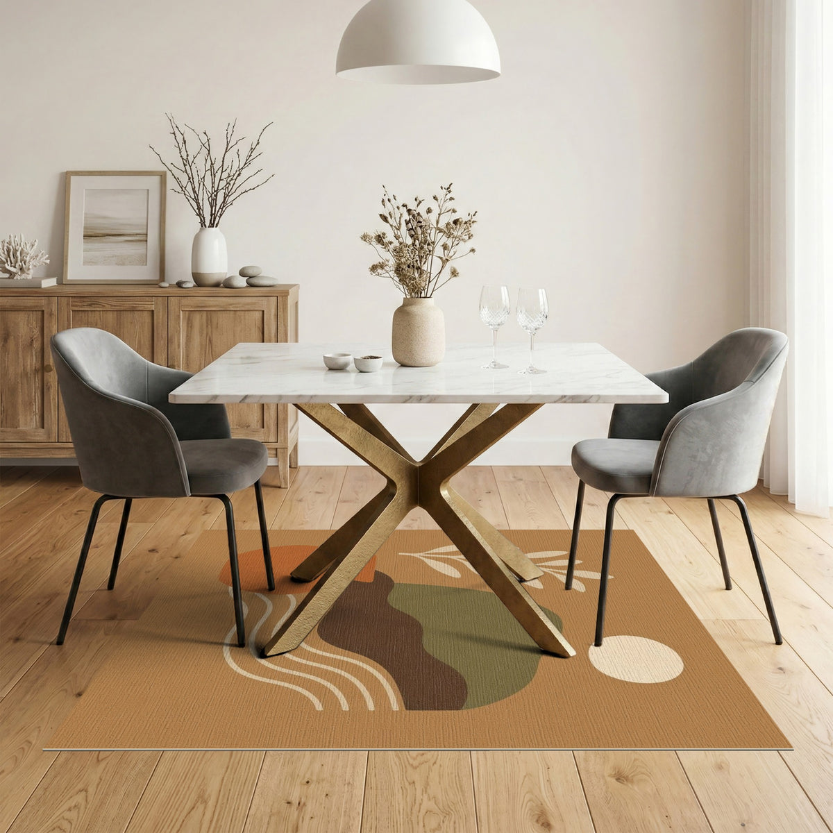 Abstract Earth Tone Area Rug with Terracotta Vase