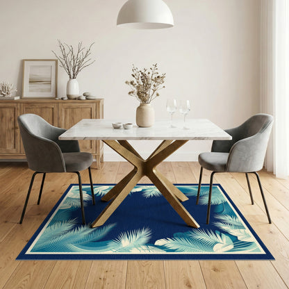 Blue Teal Palm Leaf Coastal Area Rug