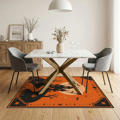 Spooky Haunted House Orange Halloween Area Rug