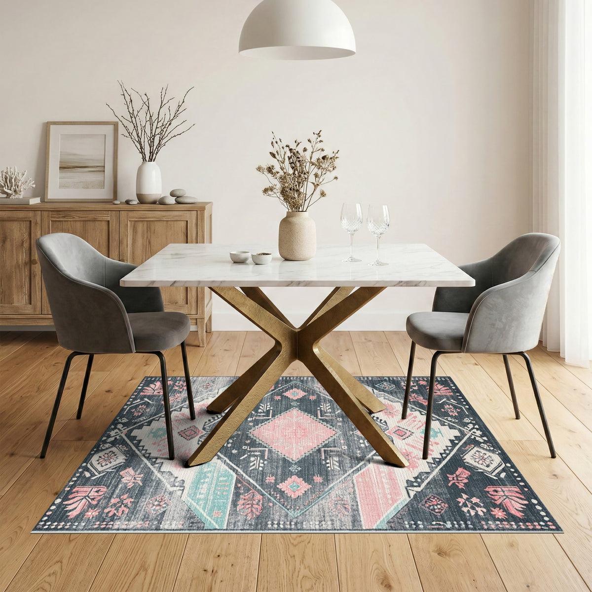 Grey Pink Tribal Area Rug