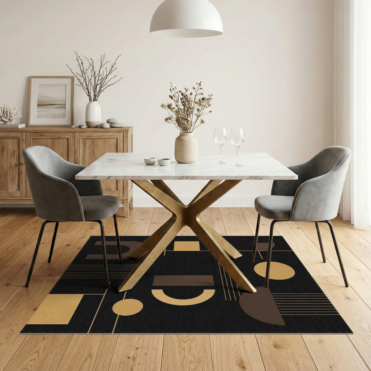 Geometric Modern Black and Gold Geometric Area Rug