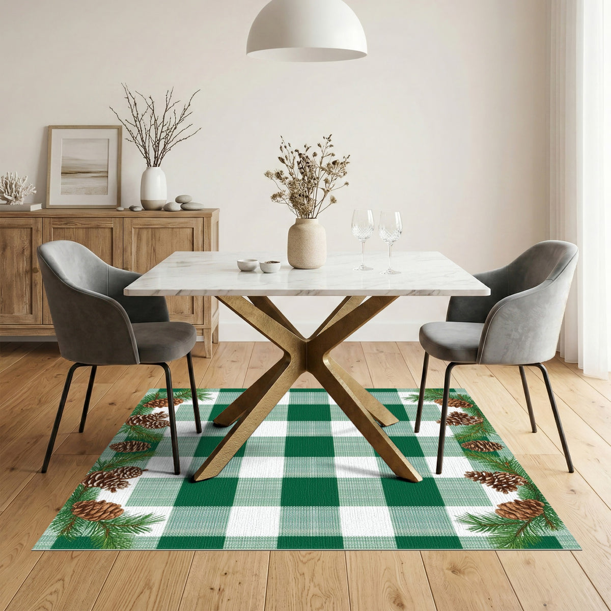 Green Gingham Pinecone Rustic Area Rug