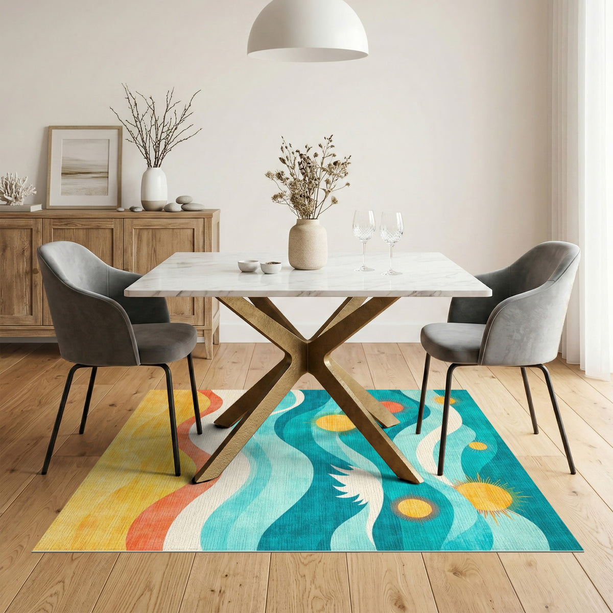 Coastal Waves and Suns Washable Area Rug