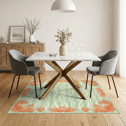 Teal Coastal Seashell Coral Area Rug
