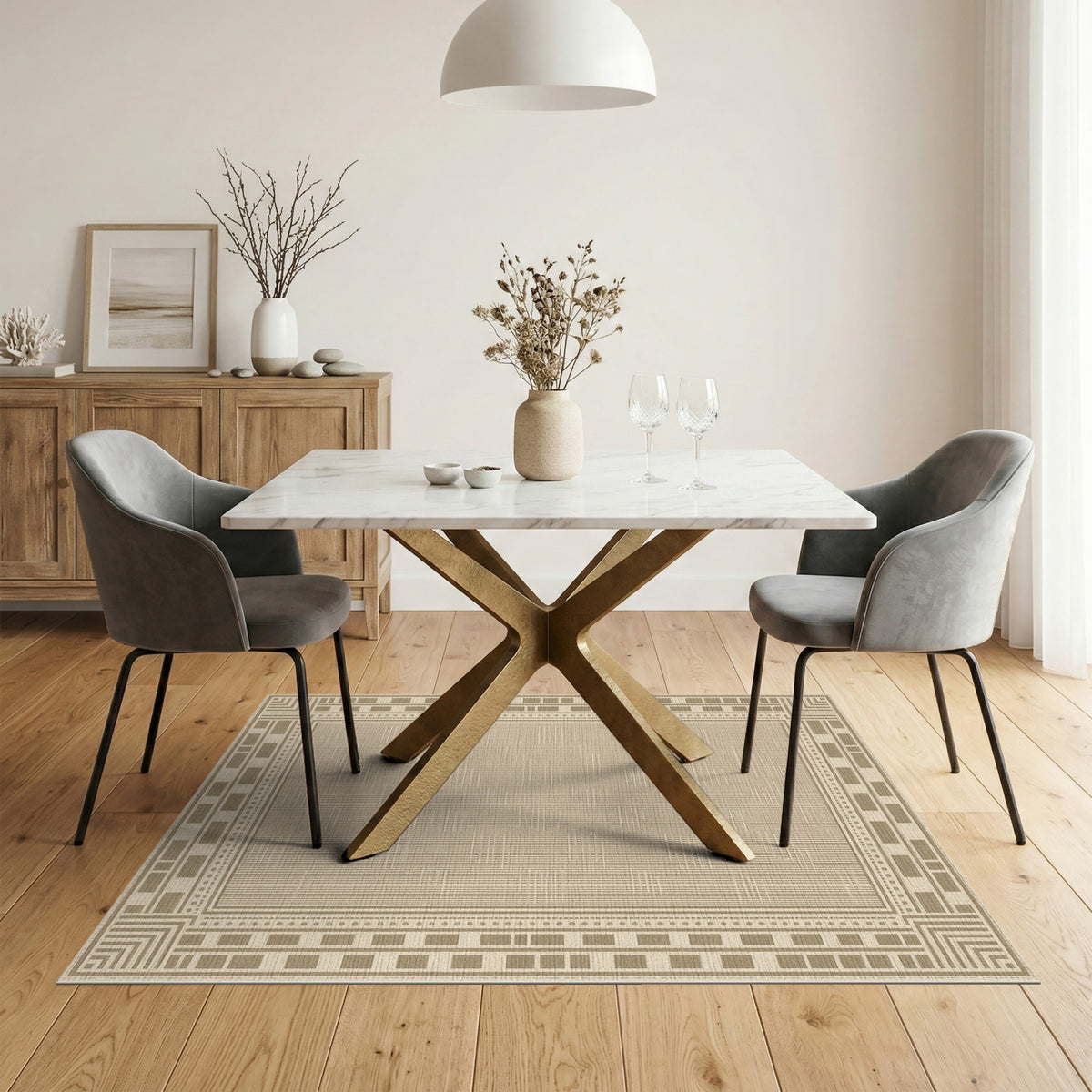 Beige and Neutral Border Beige Geometric Border Area Rug