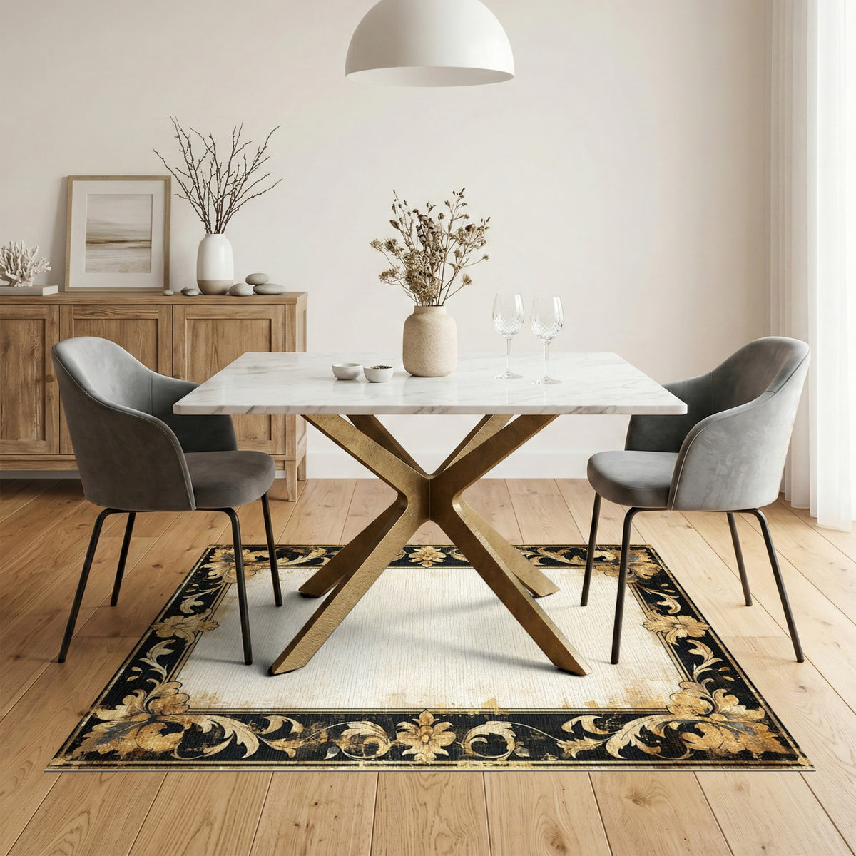 Distressed Vintage Gold Floral Area Rug