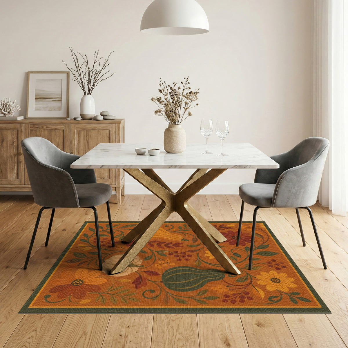 Orange Autumn Pumpkin Floral Area Rug