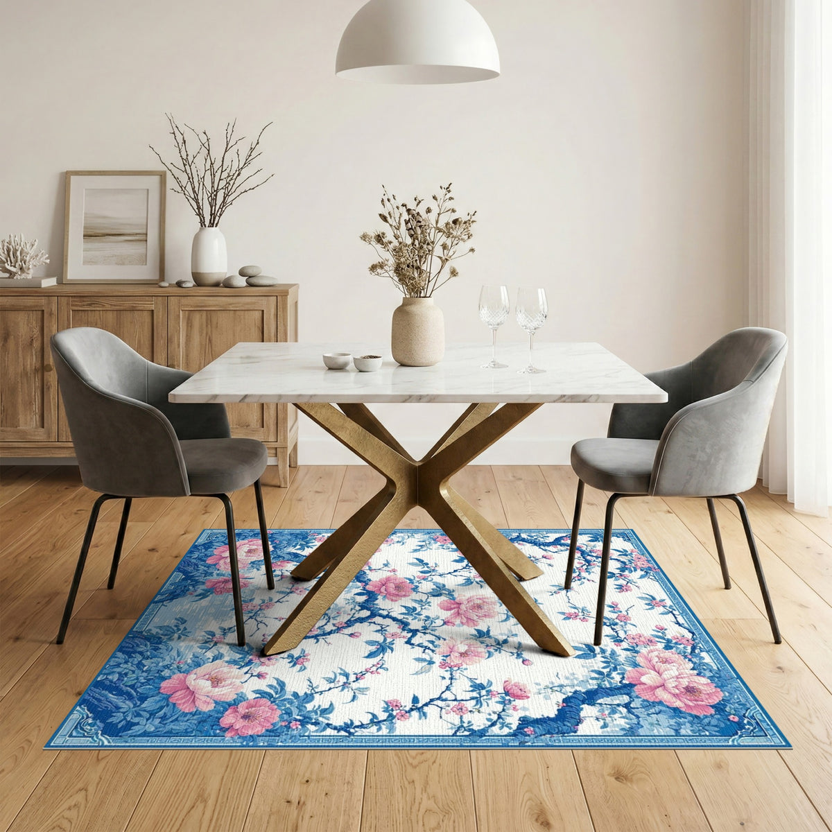 Blue Peony Floral Washable Area Rug