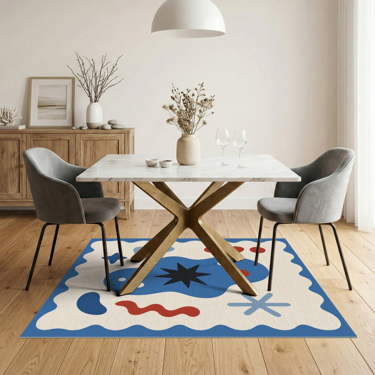 Abstract Blue Star Area Rug with Wavy Border