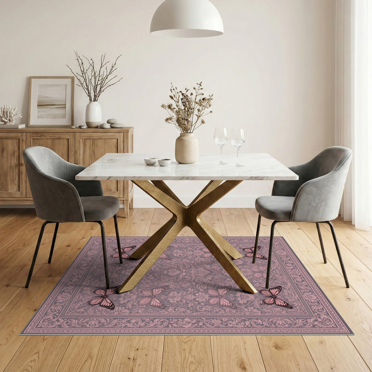 Pink Butterfly Floral Vintage Area Rug