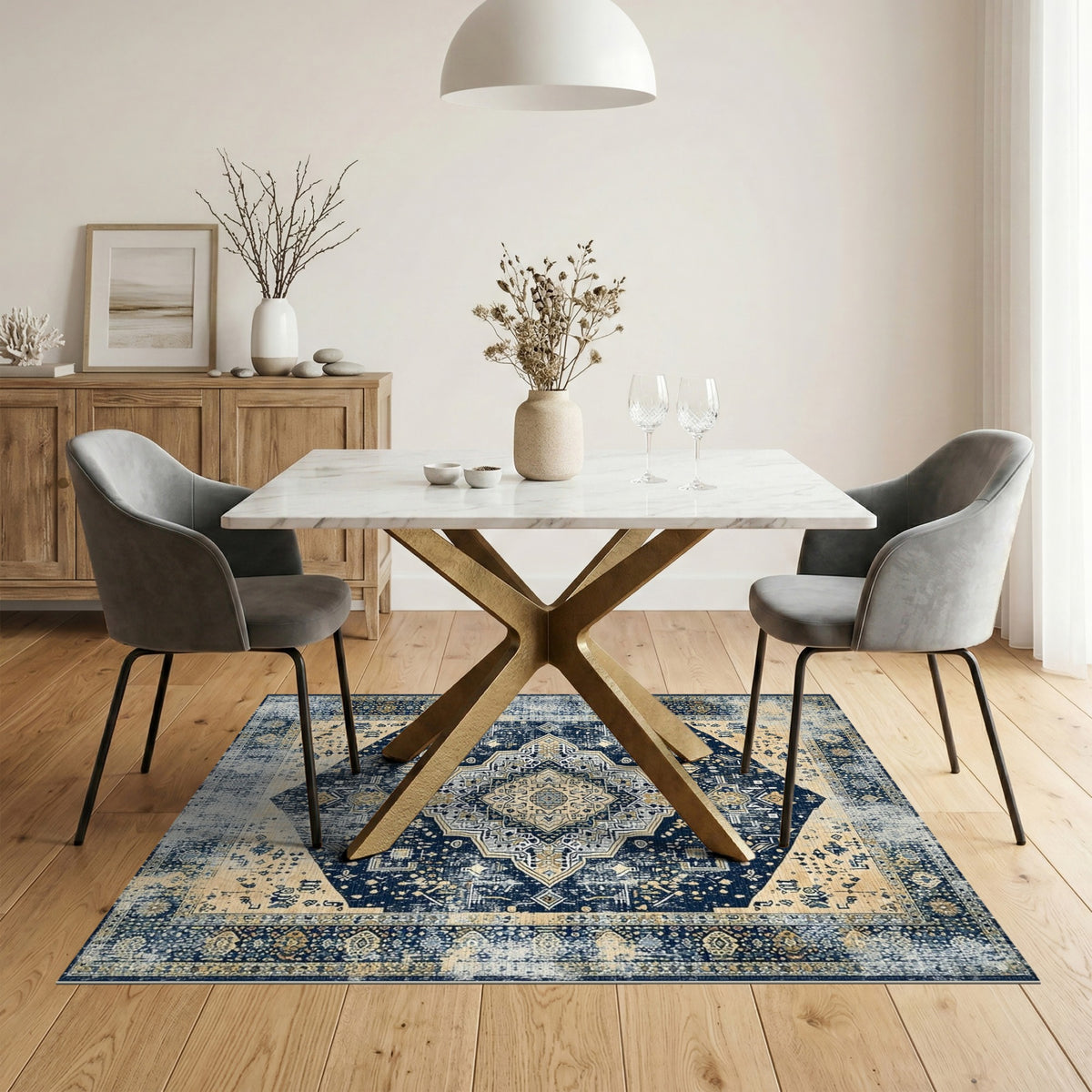 Navy Blue Distressed Vintage Medallion Rug
