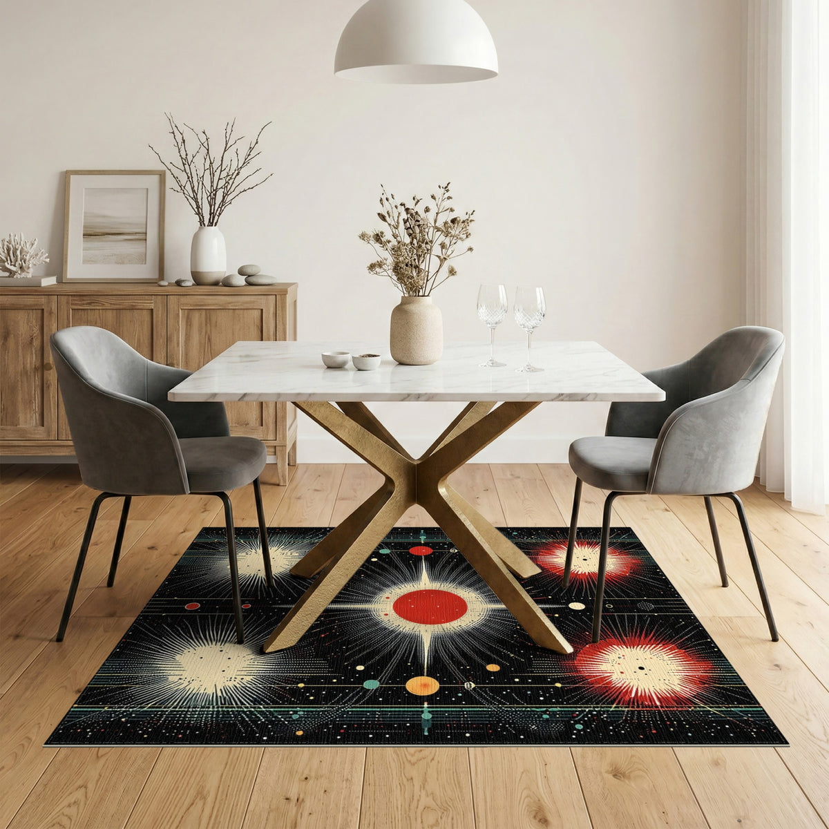 Cosmic Red Burst Washable Area Rug