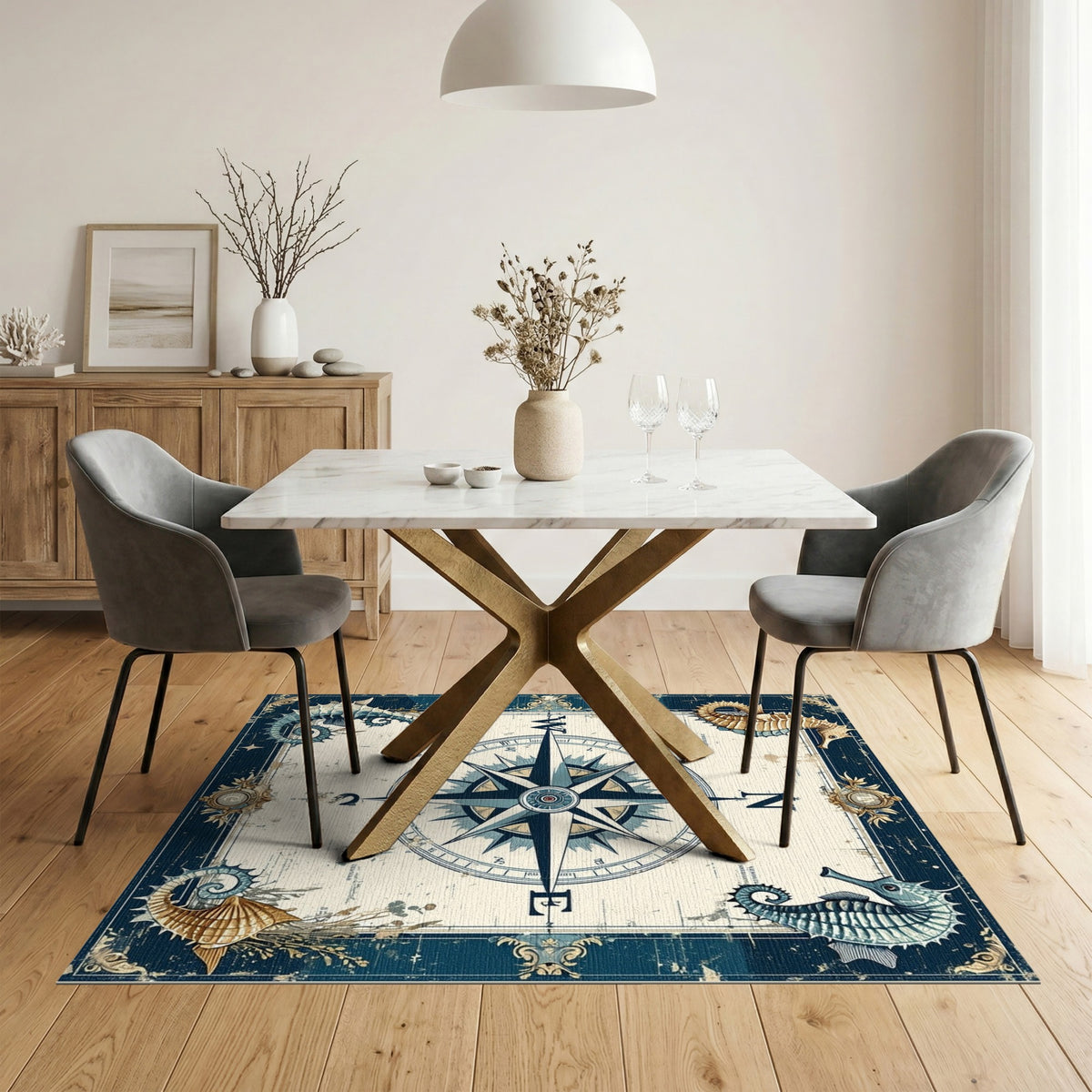 Vintage Compass Seahorse Blue Area Rug