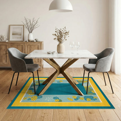 Blue and Teal Geometric Area Rug with Yellow Border