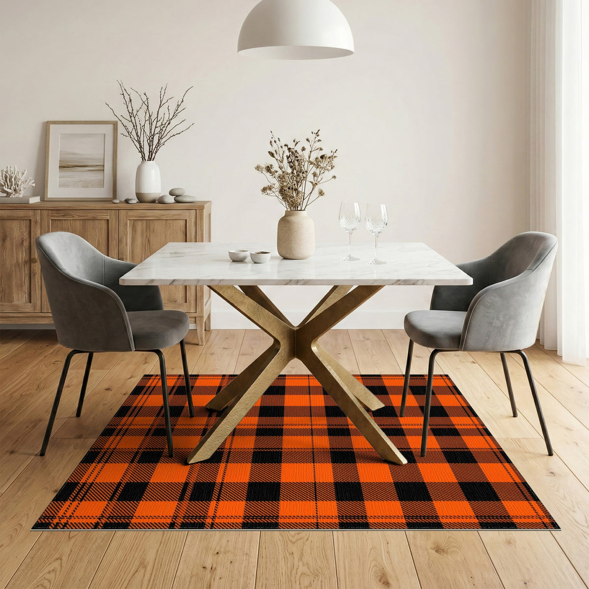 Geometric Modern Orange Black Buffalo Plaid Area Rug
