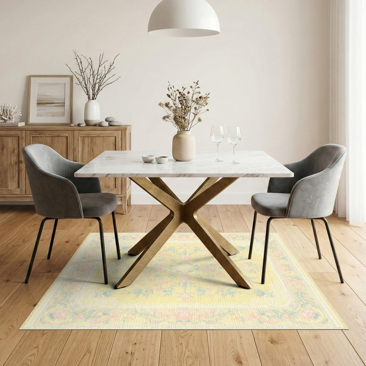 Pastel Yellow Rose Floral Vintage Area Rug