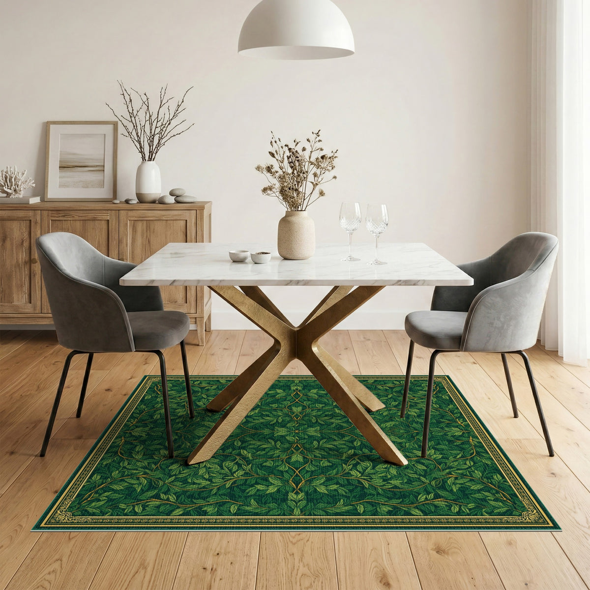 Lush Green Vine Leaf Floral Vintage Area Rug