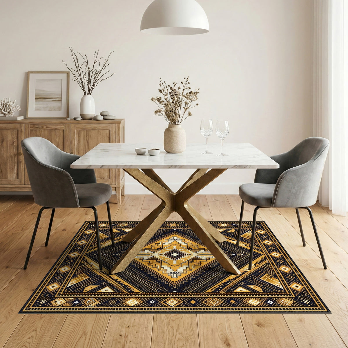 Black Gold Tribal Diamond Area Rug