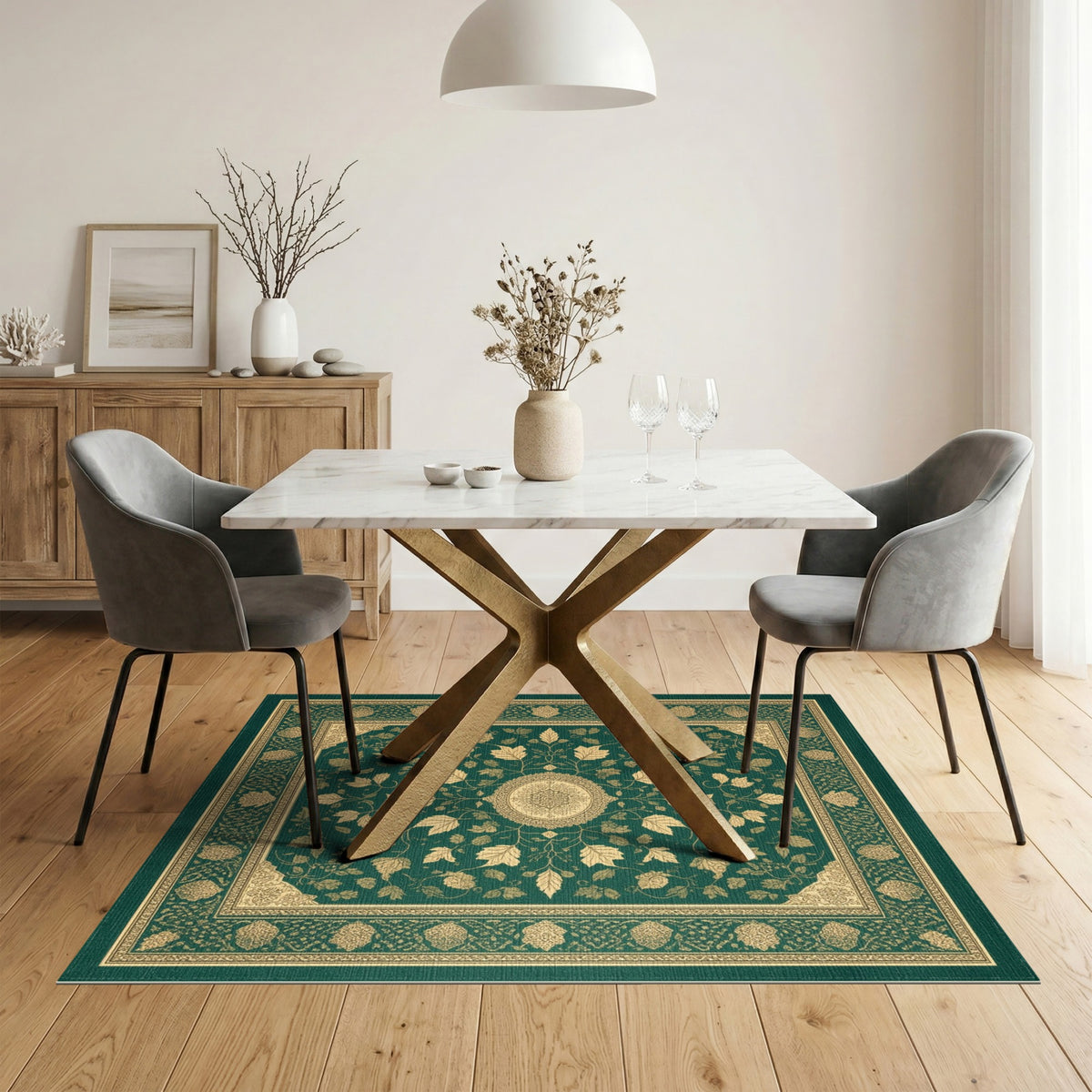 Traditional Persian Green Gold Persian Medallion Area Rug