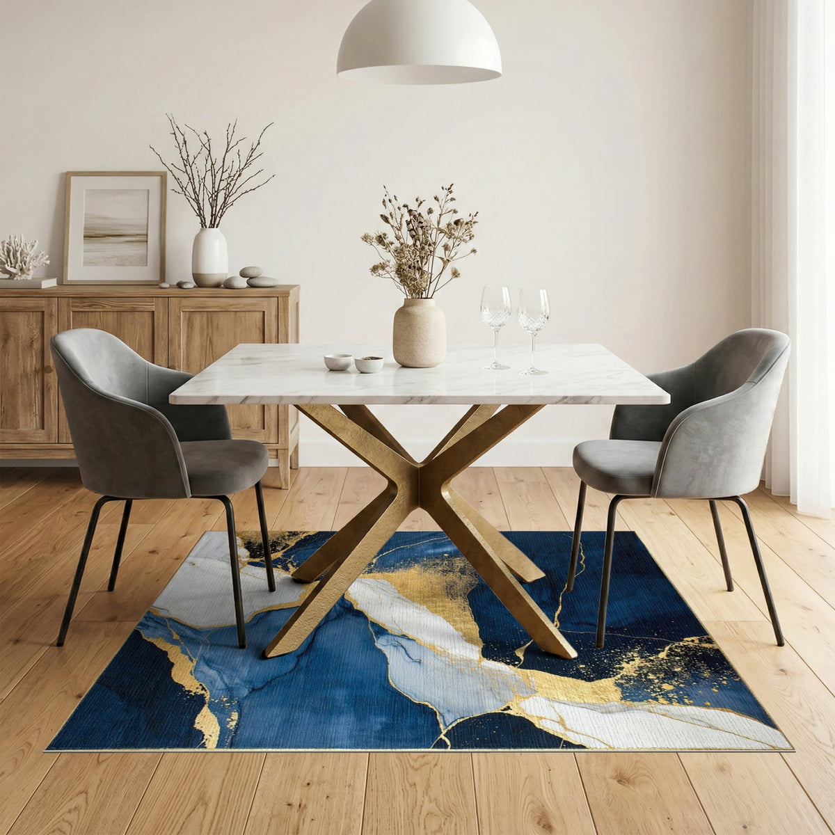Blue and Teal Navy Blue Gold Abstract Marble Area Rug